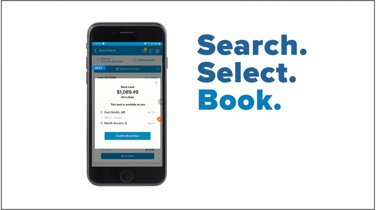 Screenshot of J.B. Hunt's DRIVE app with the words "search, select, book."